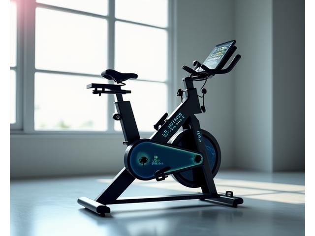 A sleek, modern self-generating exercise bike with digital display showing energy produced, set in a contemporary apartment gym.